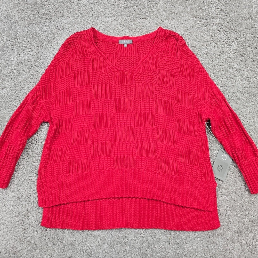Habitat Sweater Women Small Tomato Red Textured V-Neck Knit Coastal Boho